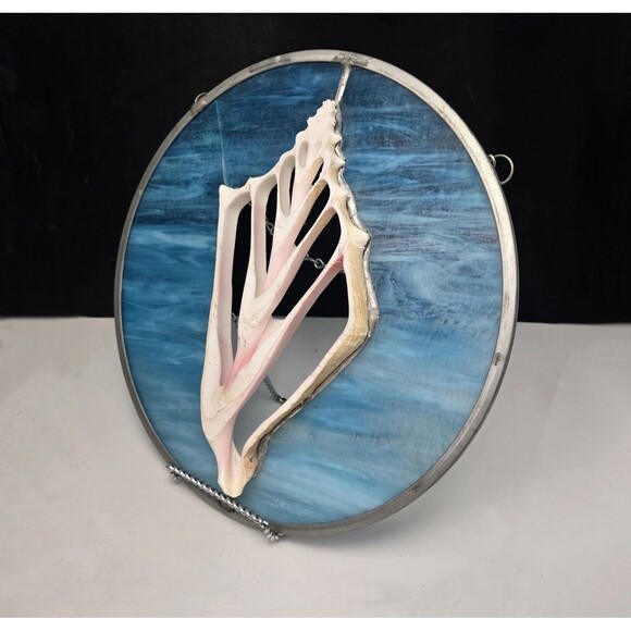 Vintage Stained Glass With Conch Shell Cutout 3D Hanging Hand Crafted Art 11.5" - Picture 8 of 15